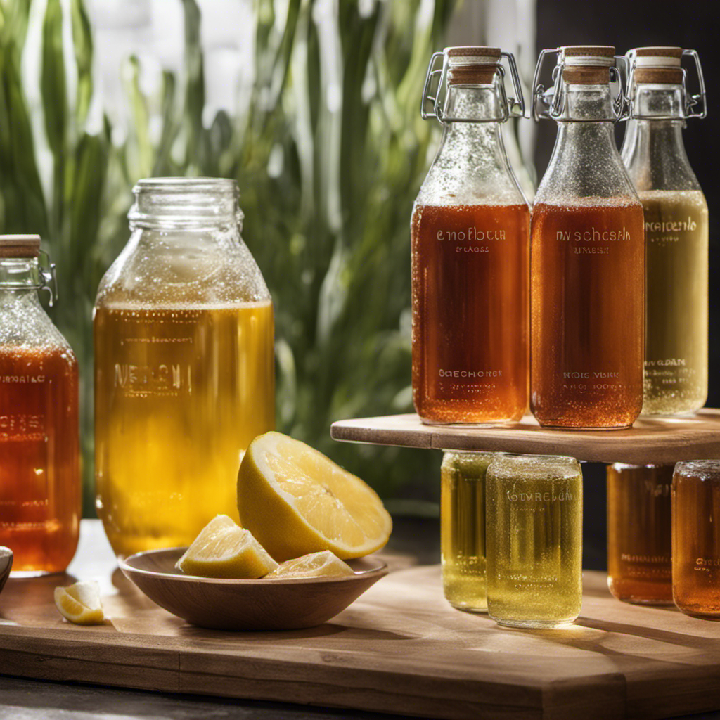 An image capturing the meticulous process of cleaning Kombucha bottles: sparkling glass surfaces, swirling water, and gleaming bottle brushes removing residue, all bathed in soft natural light