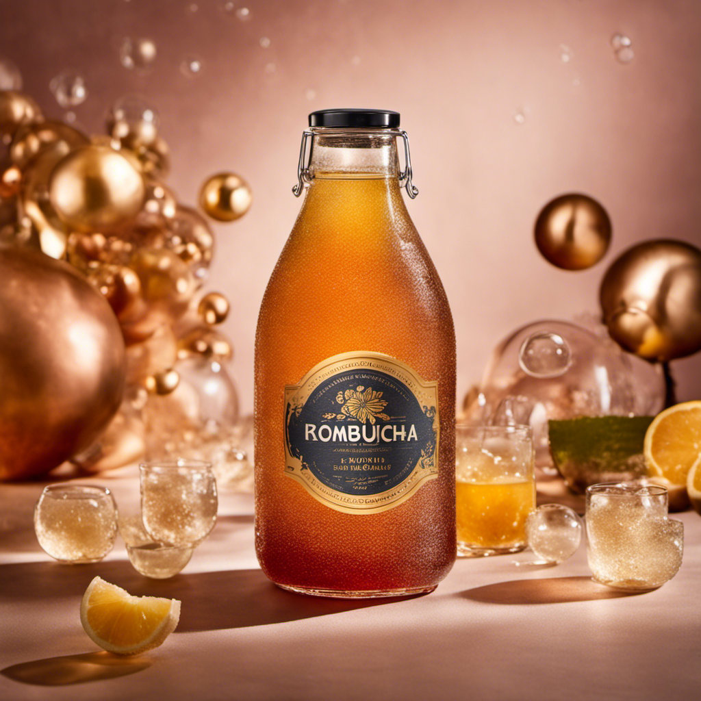 An image showcasing a glass jar filled with bubbly, effervescent kombucha, where a skilled hand gently lifts the lid, releasing a graceful mist of sparkling bubbles, symbolizing the mastery of kombucha burping for impeccable brews