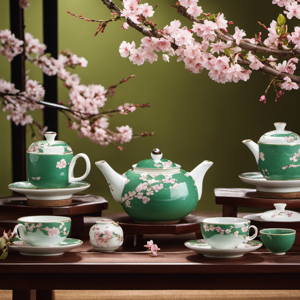 An image that showcases a serene Japanese tea room adorned with delicate cherry blossom branches, where a graceful tea master performs the meticulous art of preparing vibrant green tea, pouring it into dainty ceramic cups with precision