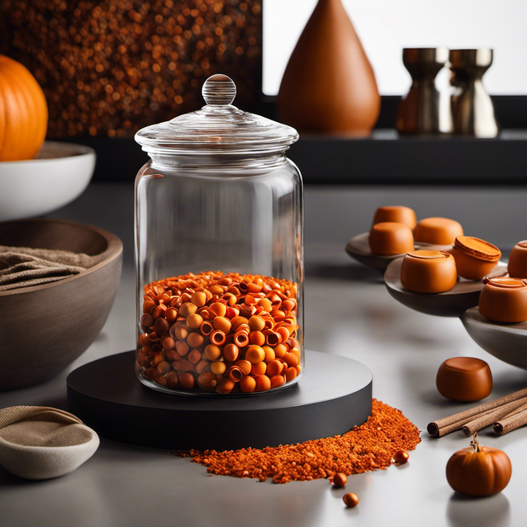 Create an image capturing a sleek, minimalist kitchen countertop adorned with a stylish, transparent glass jar, meticulously filled with vibrant Nespresso Pumpkin Spice capsules, showcasing their autumnal colors and irresistible aroma