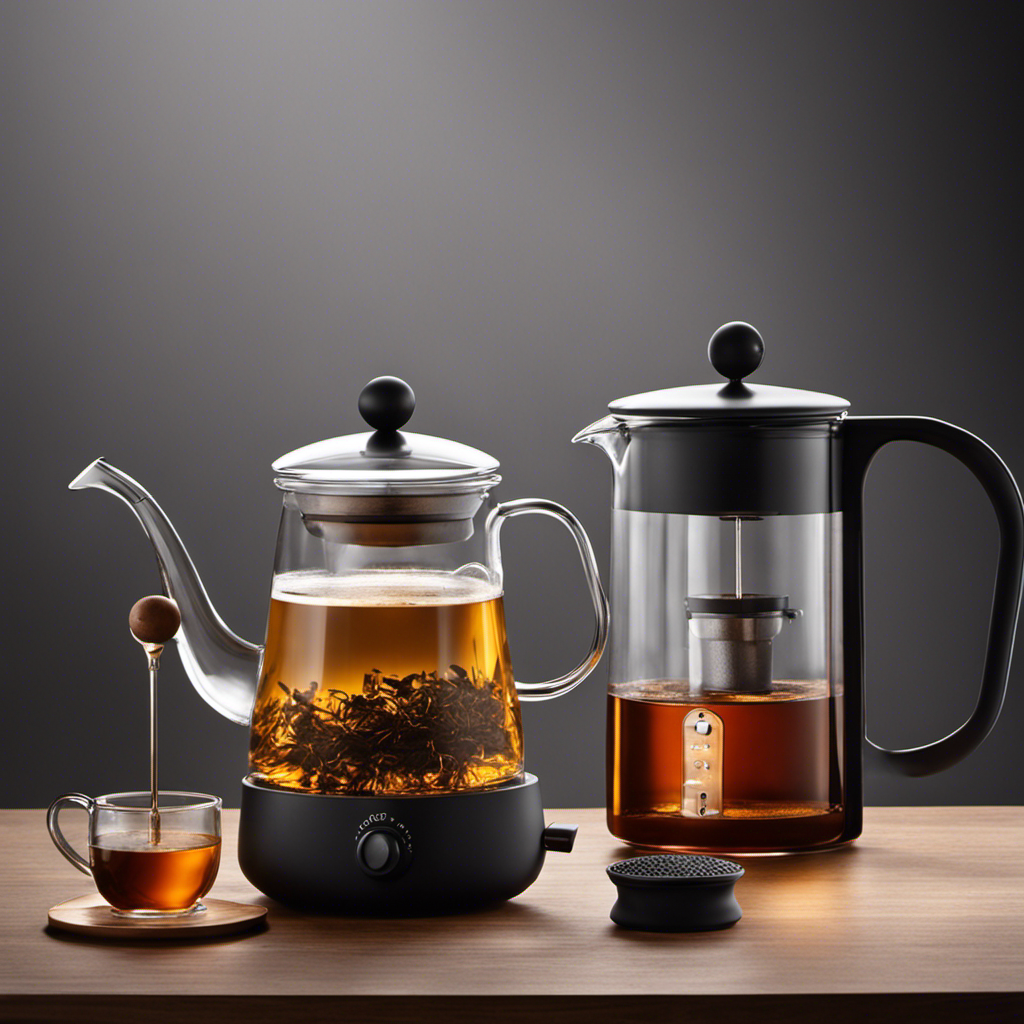 An image showcasing the delicate art of tea brewing, featuring a variety of brewing tools like teapots, infusers, and timers
