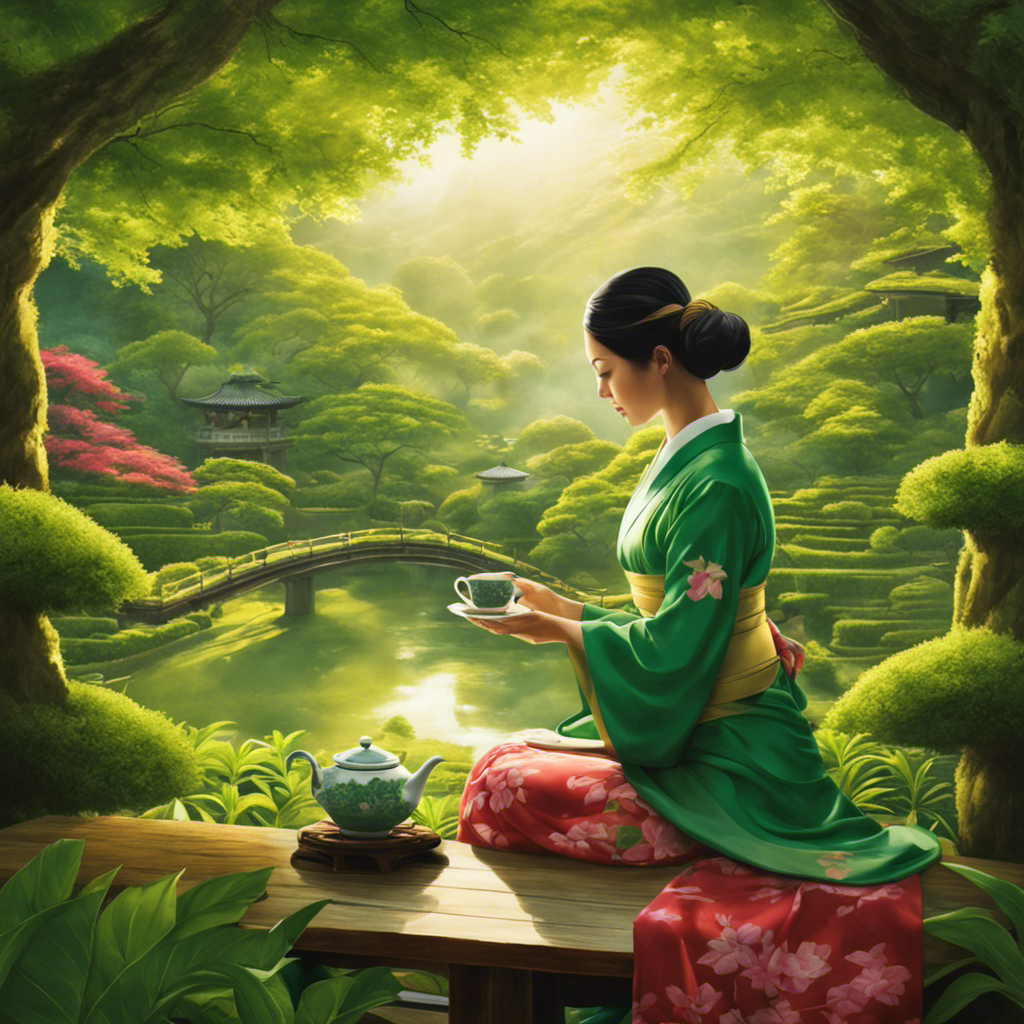 An image showcasing a serene scene of a person savoring a steaming cup of green tea amidst a lush Japanese tea garden