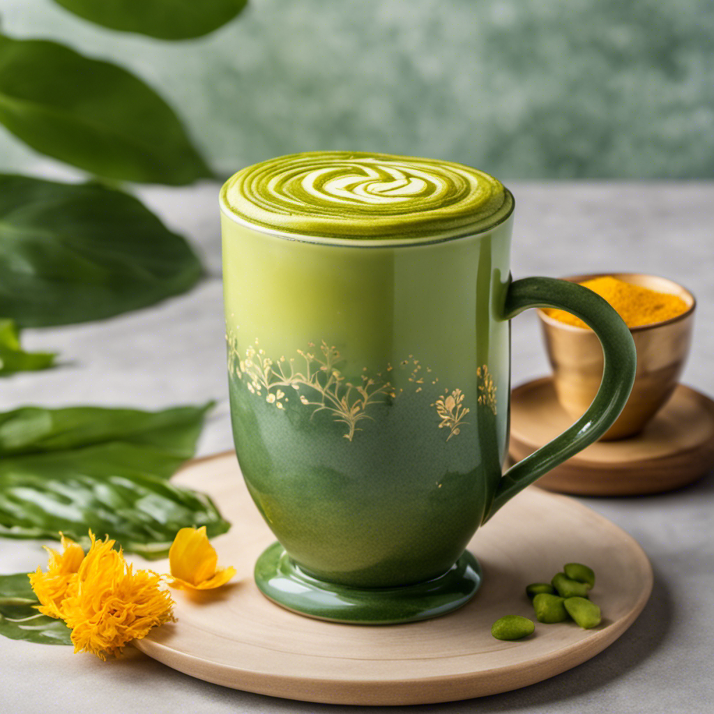 An image showcasing a vibrant green matcha latte infused with golden turmeric, swirled together in a delicate ceramic cup