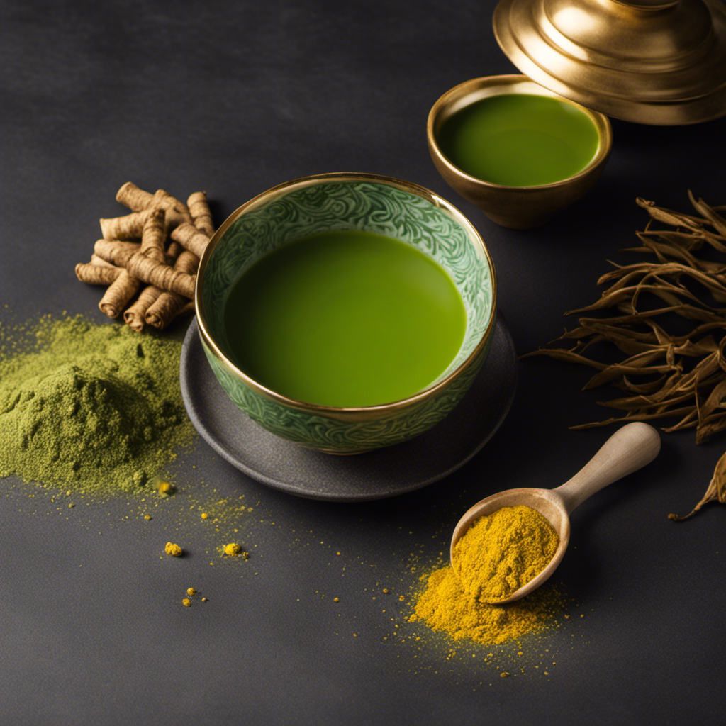 An image showcasing a vibrant, swirling blend of jade green matcha tea, delicately dusted with golden turmeric powder