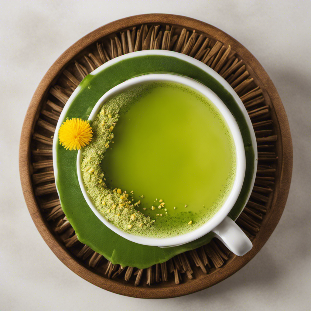 An image showcasing a vibrant cup of frothy matcha tea infused with golden turmeric, swirling together in perfect harmony