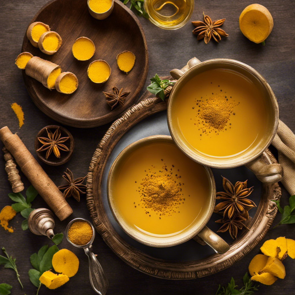 An image capturing the warm essence of Meghan Telpner's Turmeric Tea: a steaming mug adorned with vibrant yellow froth, delicately spiced and sprinkled with golden turmeric, luring you into a world of comforting wellness