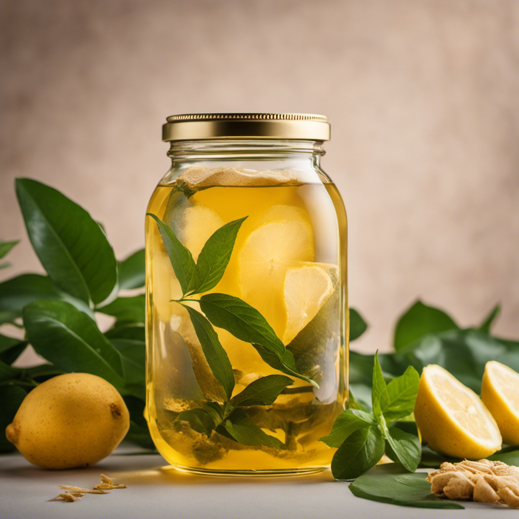 An image showcasing a glass jar filled with effervescent, golden kombucha, surrounded by vibrant green tea leaves and fresh ginger slices, symbolizing Kombucha's hidden powers in soothing and alleviating the discomfort of diarrhea