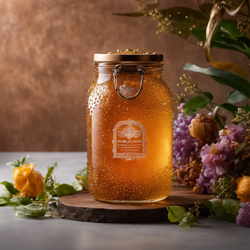 An image showcasing a bejeweled, glass jar filled with effervescent, amber-hued Kombucha