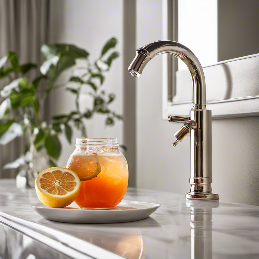 An image showcasing a serene bathroom setting with a glass of Kombucha placed on a marble countertop
