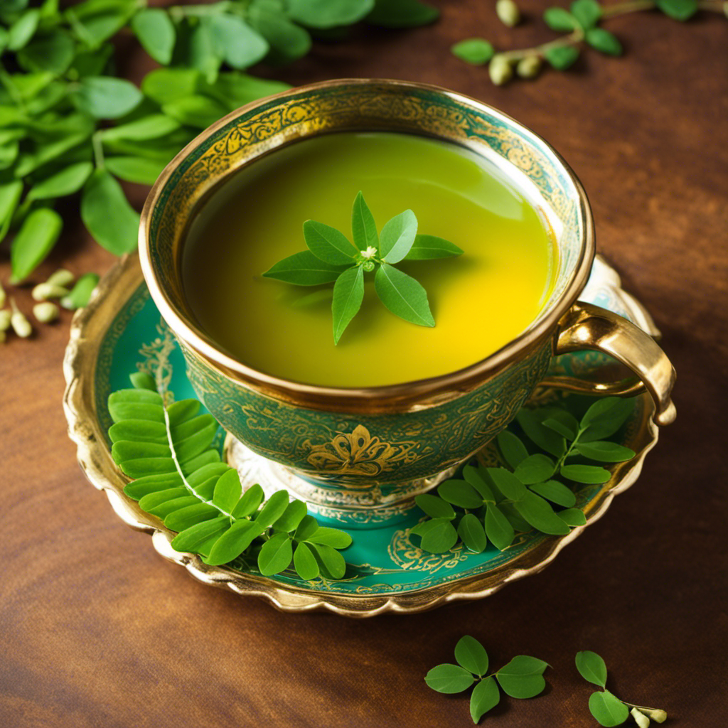 An image showcasing the vibrant combination of green Moringa leaves and golden Turmeric powder, beautifully intermingled in a teacup