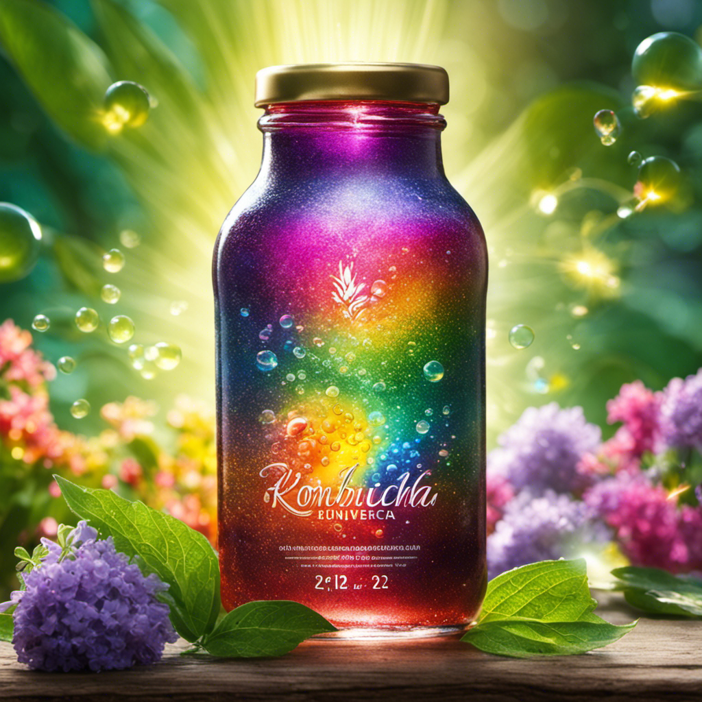 An image showcasing a vibrant, sparkling kombucha bottle, bursting with effervescent streams of rainbow-colored bubbles, surrounded by lush green leaves and radiant sunlight, symbolizing the miraculous rejuvenation and vitality of this health elixir