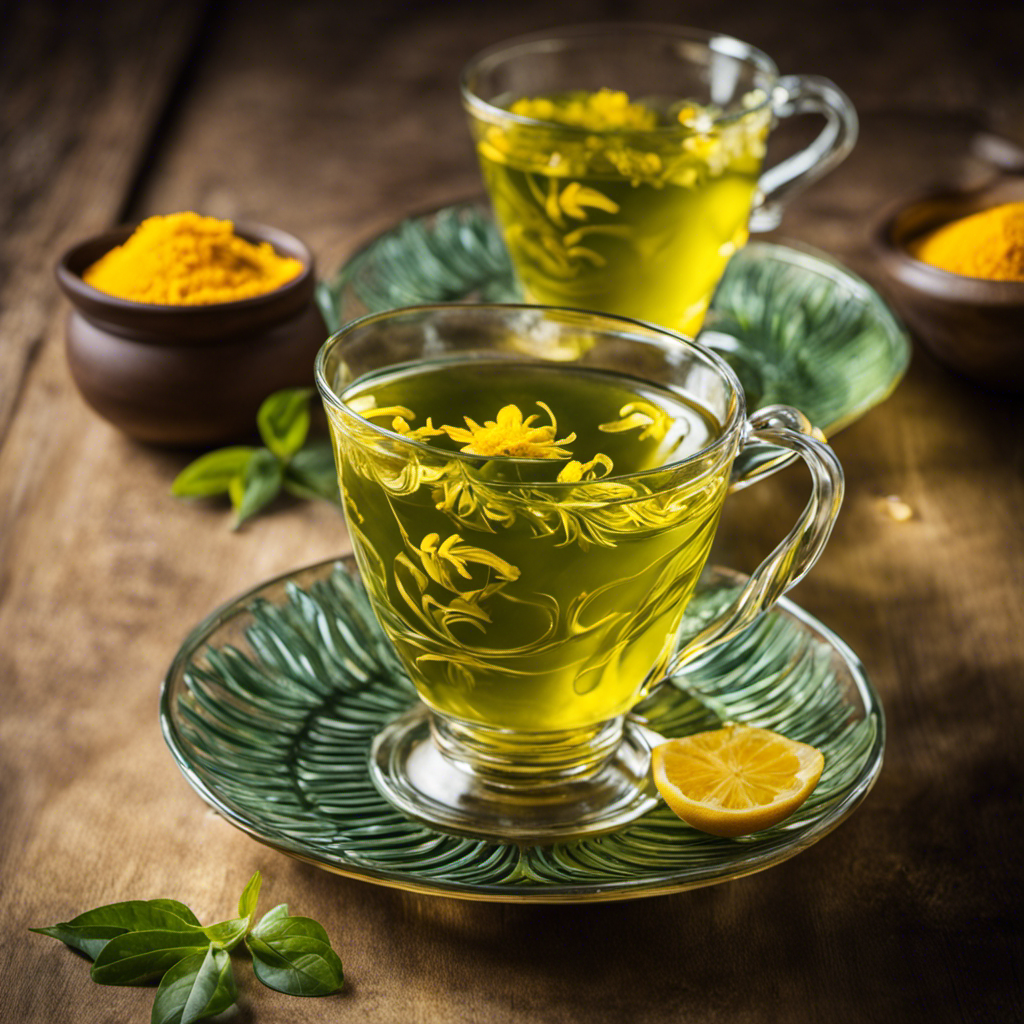 An image that showcases a clear glass teacup filled with vibrant green tea infused with golden swirls of turmeric