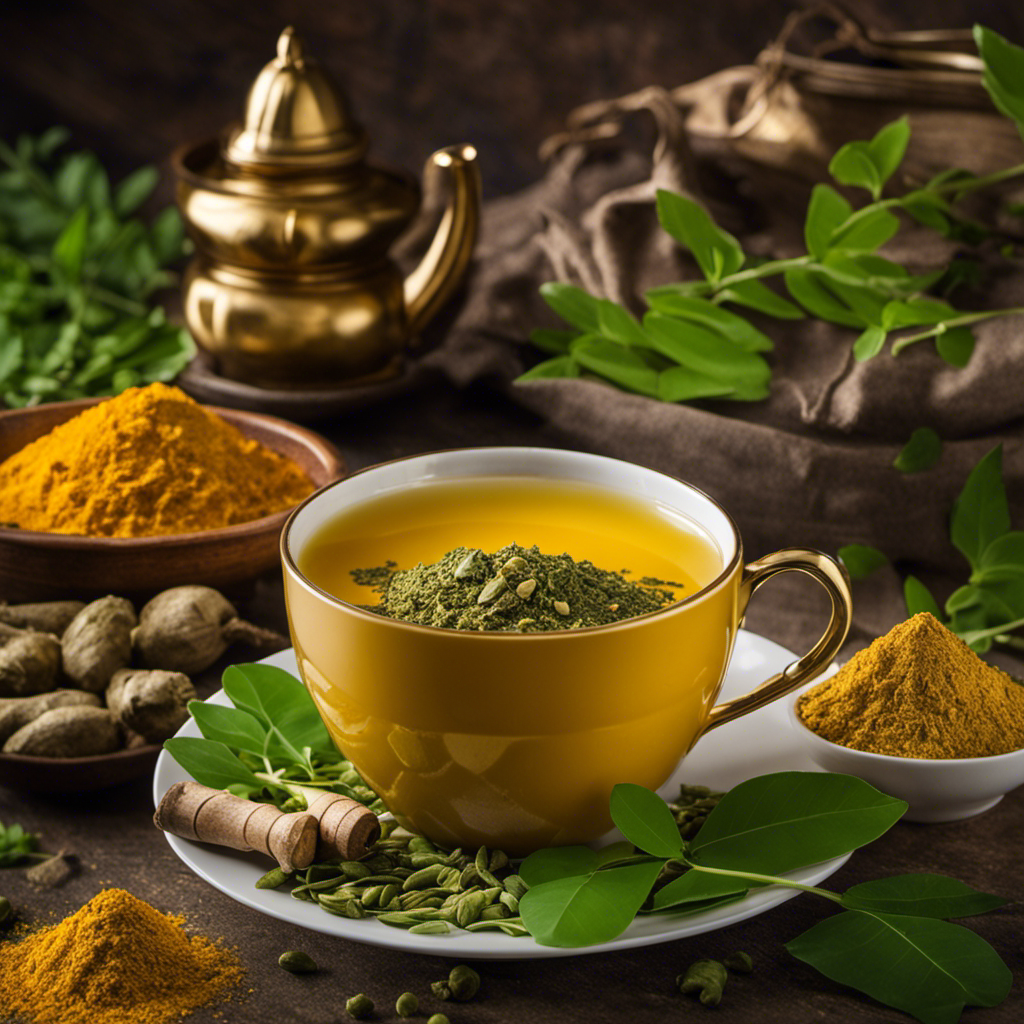 An image that captures the vibrant fusion of golden turmeric and lush green moringa leaves in a steaming cup of herbal tea, showcasing their harmonious blend through rich colors and inviting textures