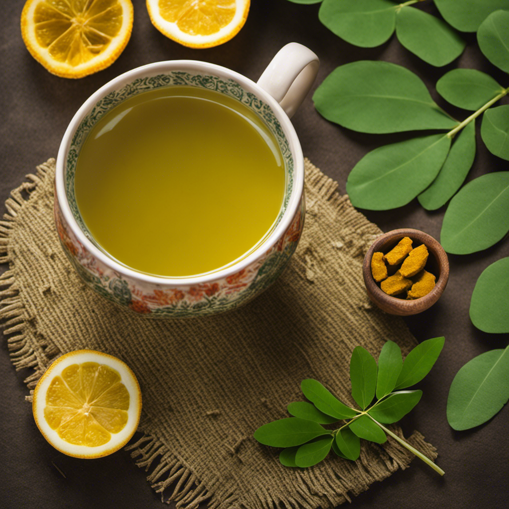 An image showcasing a vibrant cup of Moringa Turmeric Tea, radiating warmth and healing properties