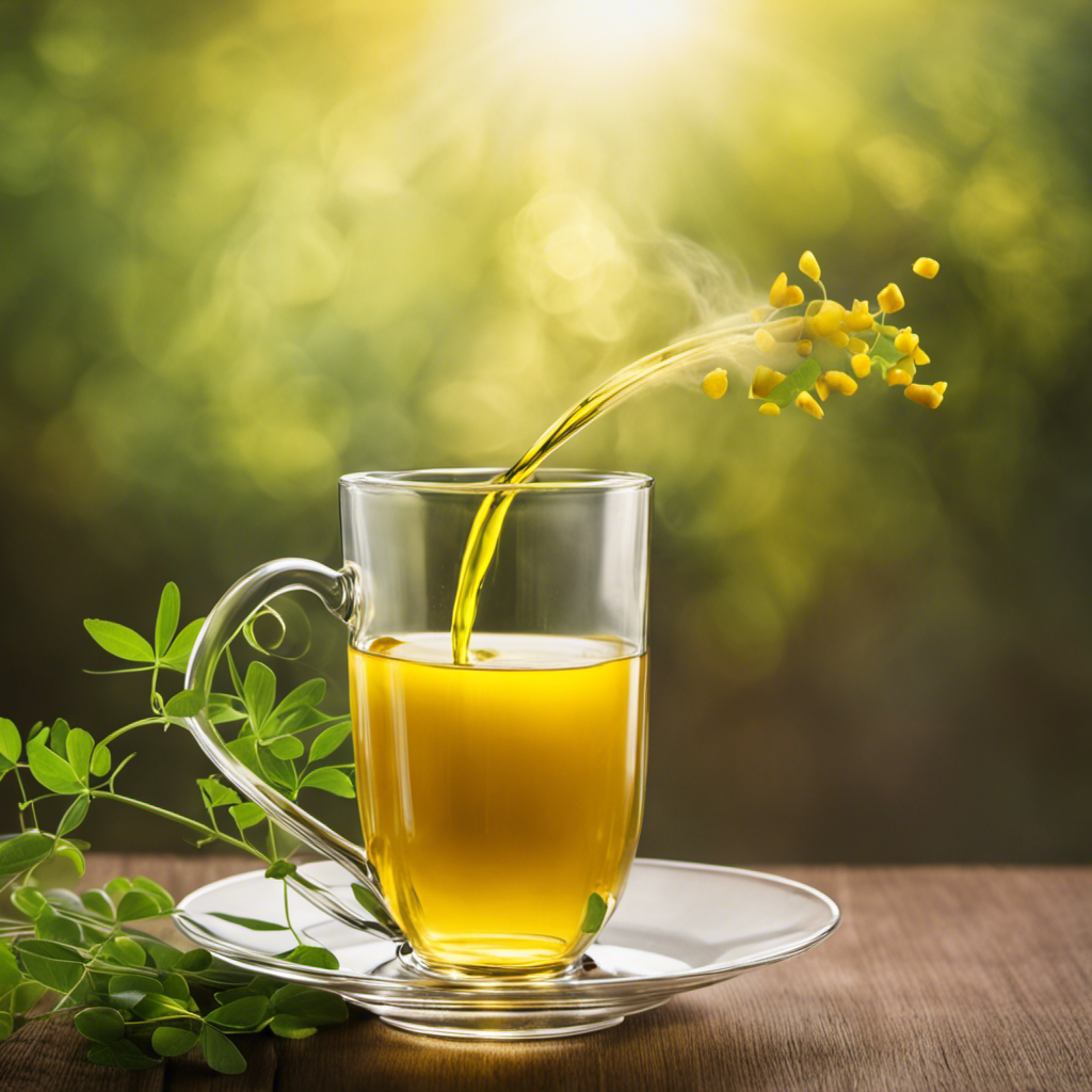 An enticing image of a vibrant yellow turmeric-infused Moringa tea being poured into a delicate, transparent glass cup, with wisps of steam rising and sunlight filtering through the liquid, showcasing its healthful properties