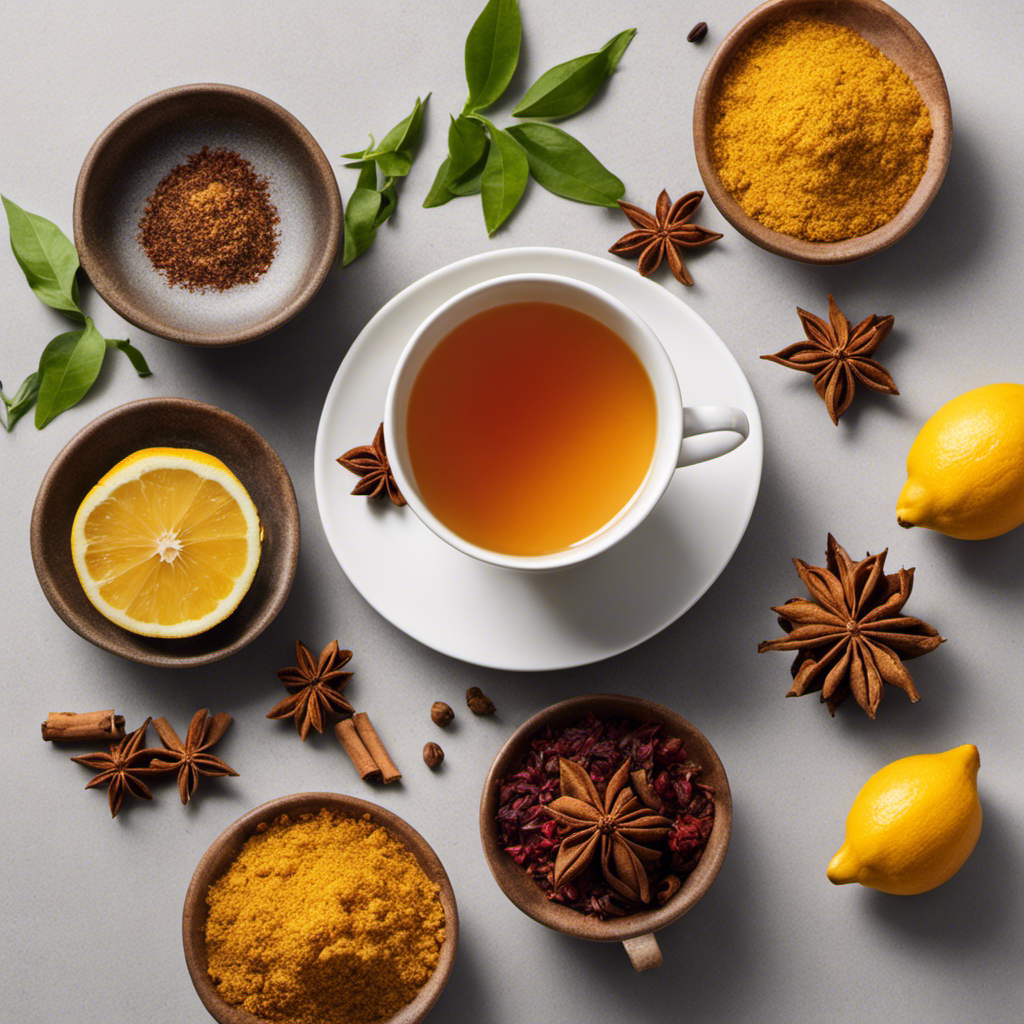 An image featuring a steaming cup of morning tea infused with a vibrant blend of detoxifying ingredients: fiery cayenne, golden turmeric, aromatic cinnamon, and zesty lemon, all beautifully combined to invigorate and cleanse