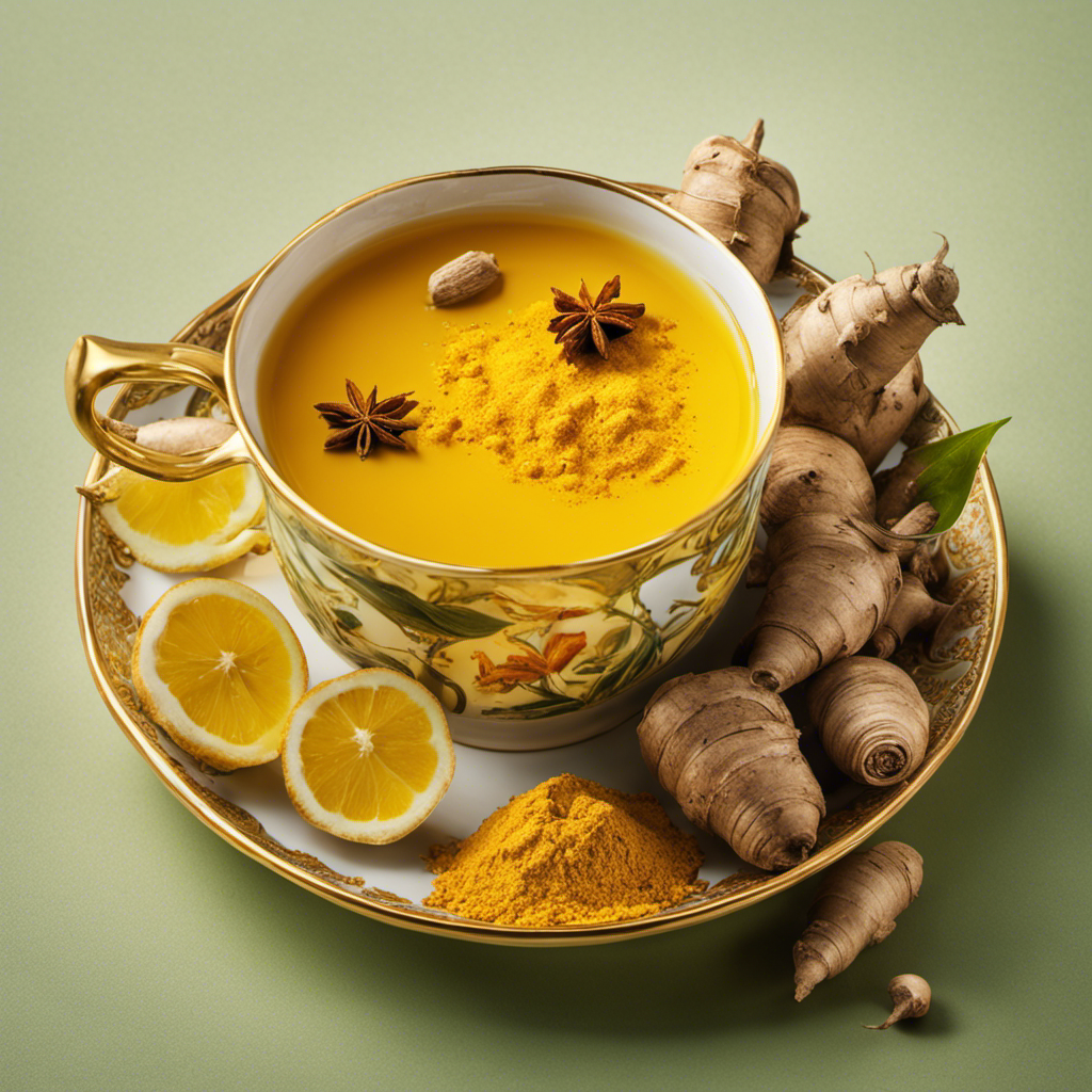 An image showcasing a vibrant yellow teacup filled with steaming turmeric tea, surrounded by a variety of whole turmeric roots, lemon slices, and ginger, symbolizing the potency of high milligrams for combating inflammation