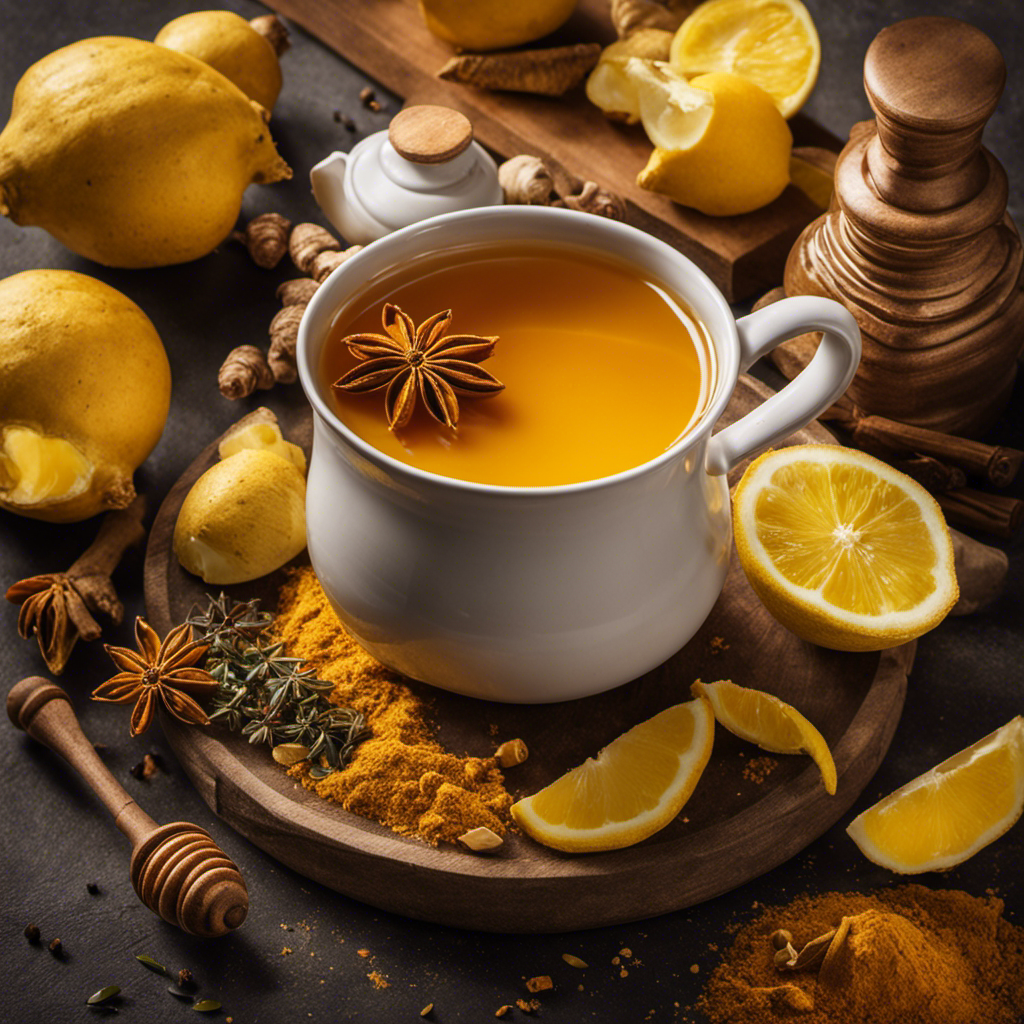 An image showcasing a cozy kitchen scene with a steaming cup of Mother's Turmeric Tea, radiating a golden glow, surrounded by vibrant ingredients like fresh turmeric, ginger, honey, and lemon slices
