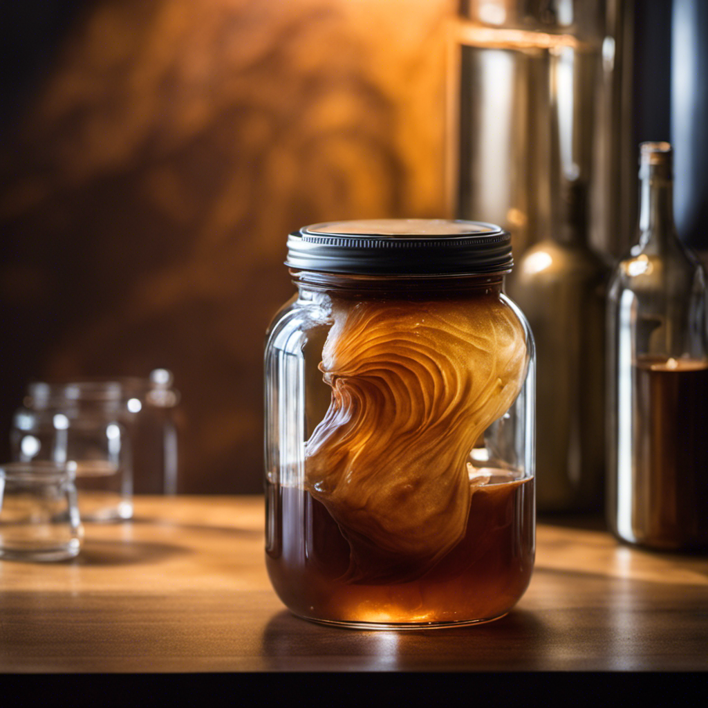 An image depicting a translucent, gelatinous SCOBY floating in a glass jar of fermenting liquid, casting eerie shadows on the walls