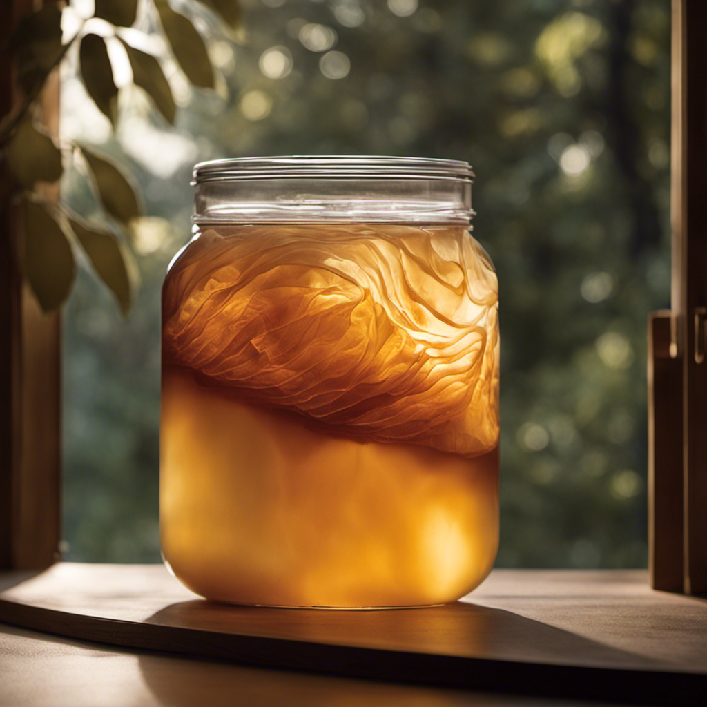An image capturing the enigmatic beauty of a SCOBY floating in a glass jar, illuminated by soft, ethereal light, revealing its intricate layers and fascinating textures, inviting readers to unravel the secrets of Kombucha