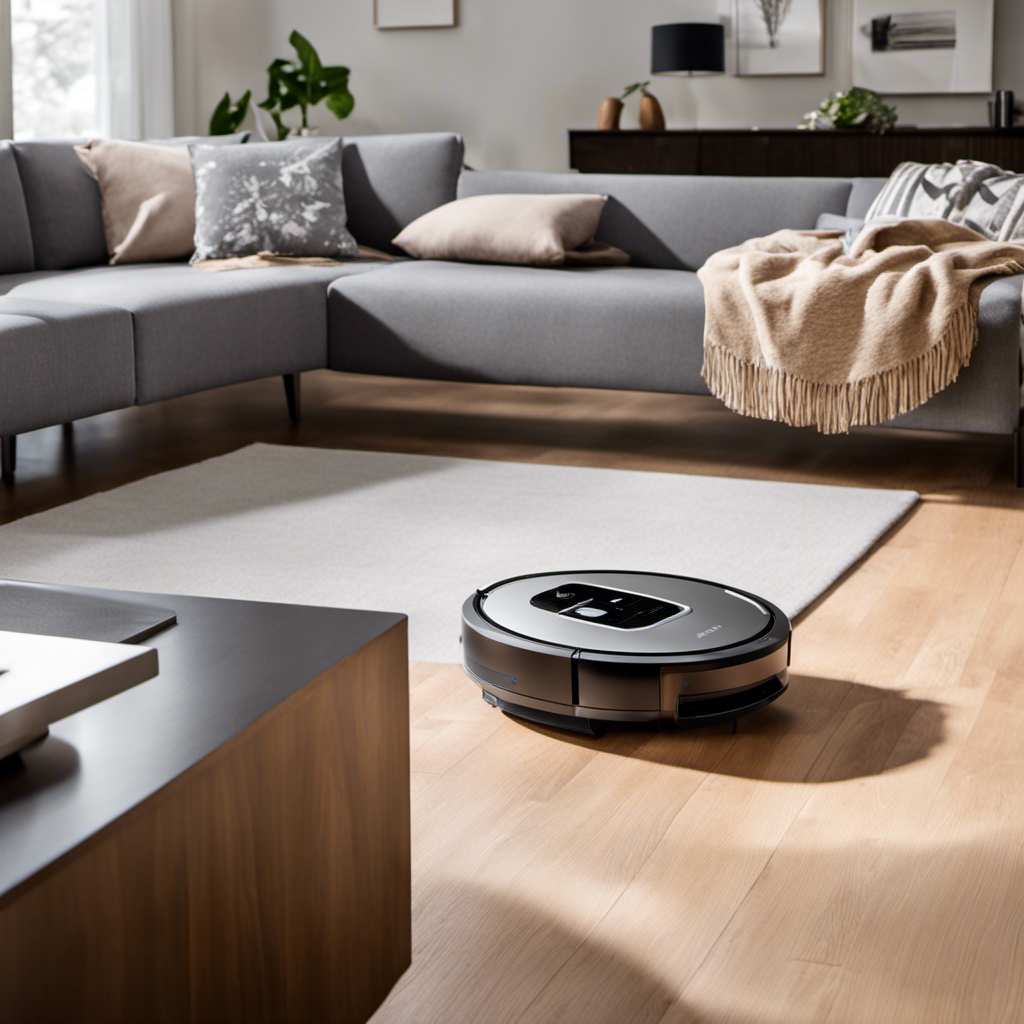 An image showcasing the Neato D8 Robot Vacuum in action, effortlessly gliding across a modern living room, its sleek design and advanced sensors capturing every speck of dust and debris, while intelligent mapping technology ensures a thorough and efficient clean