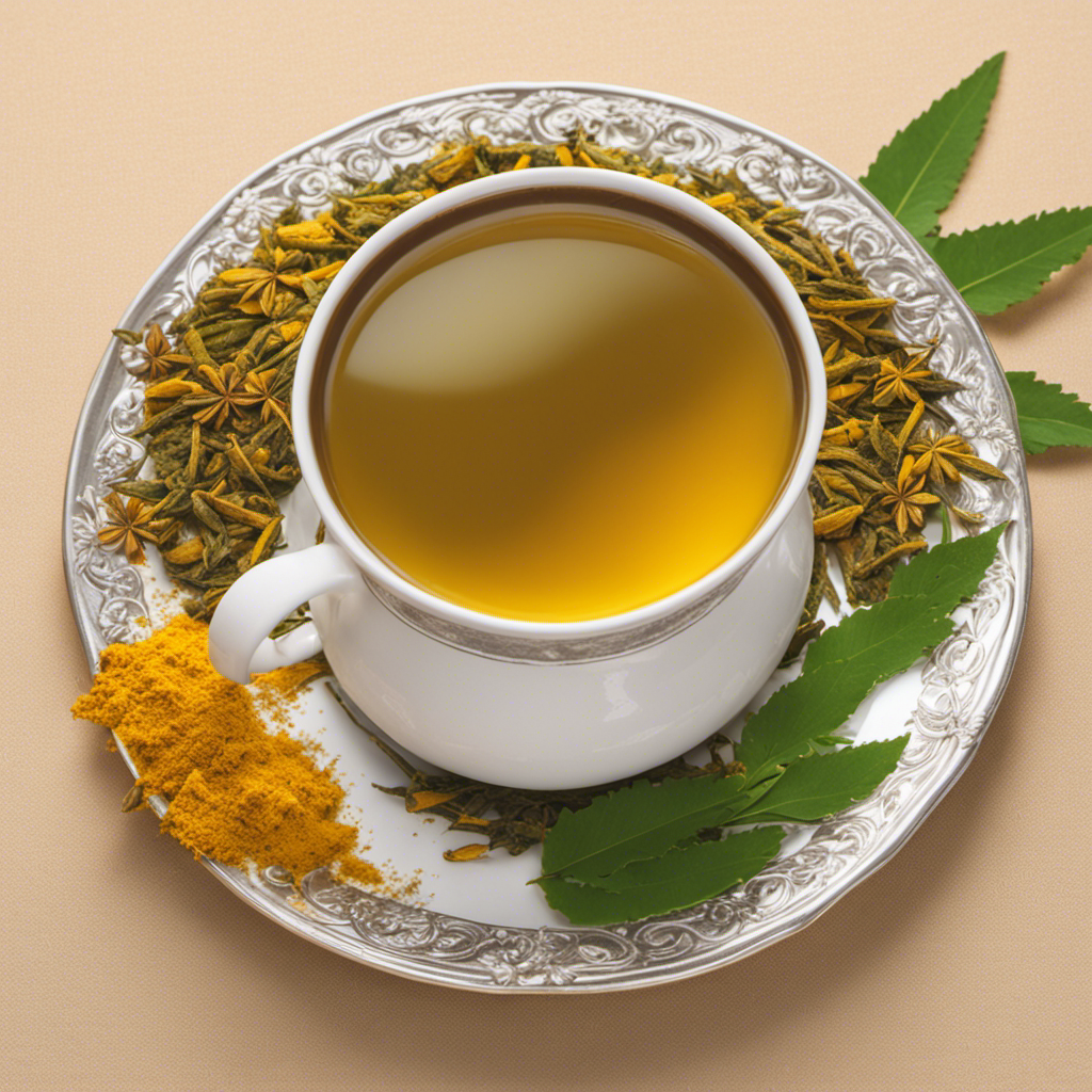 An image showcasing a steaming cup of Neem and Turmeric tea, brimming with vibrant yellow hues