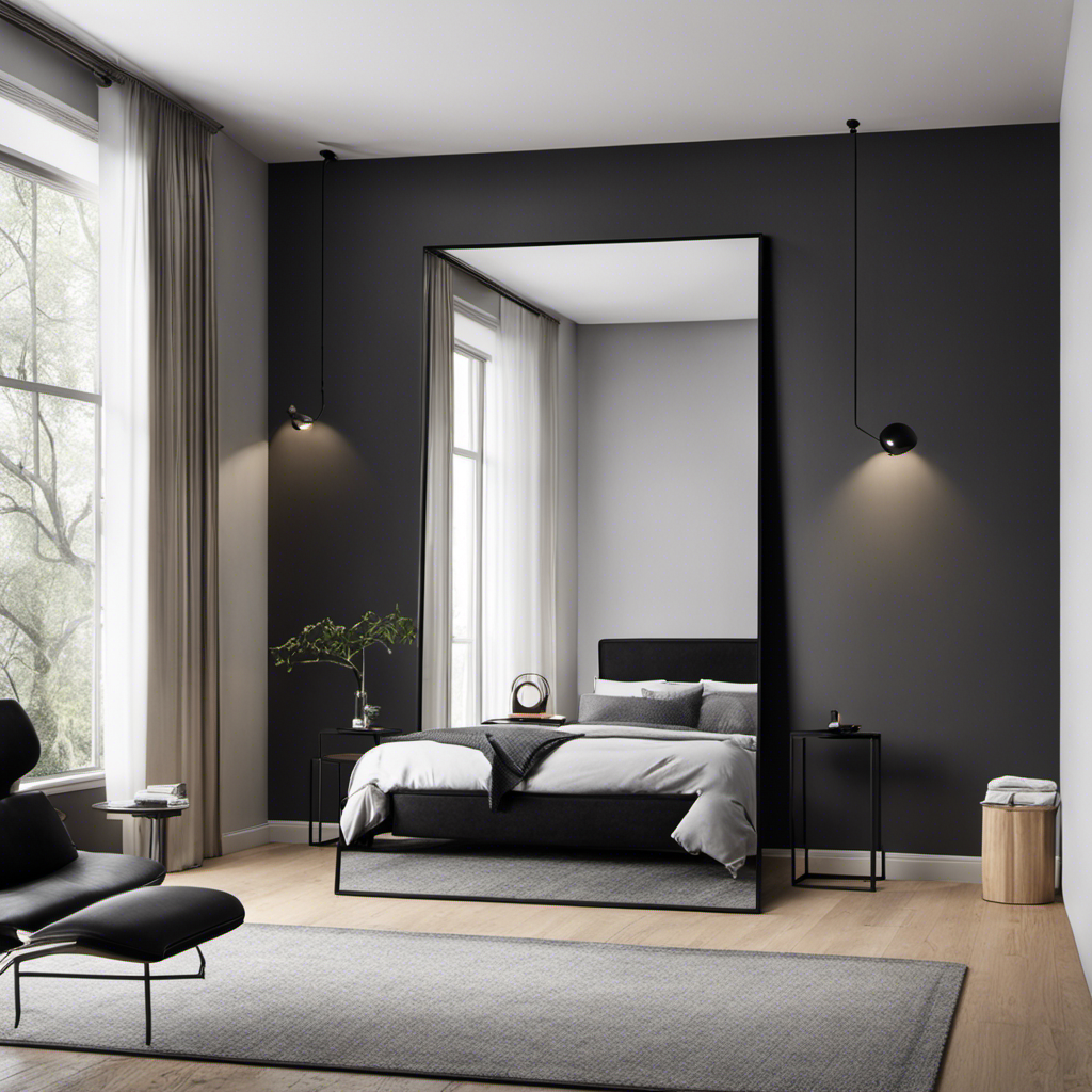 An image showcasing the NeuType Floor Mirror in a minimalist bedroom: the sleek, black frame reflects the room's natural light, while its full-length design elegantly enhances the space