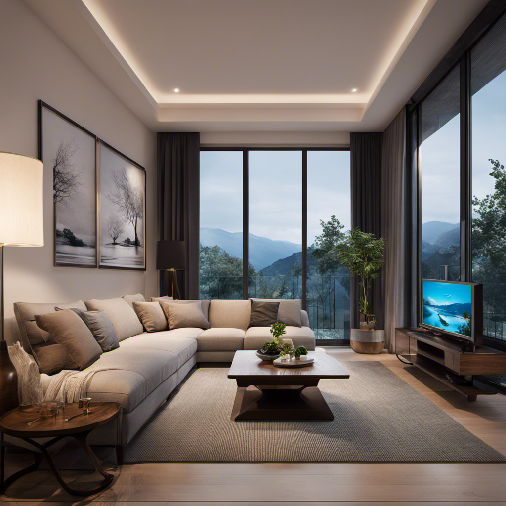 An image showcasing a cozy living room with soft ambient lighting, where a NineSky dehumidifier sits discreetly in the corner, silently extracting moisture from the air, enhancing comfort and tranquility