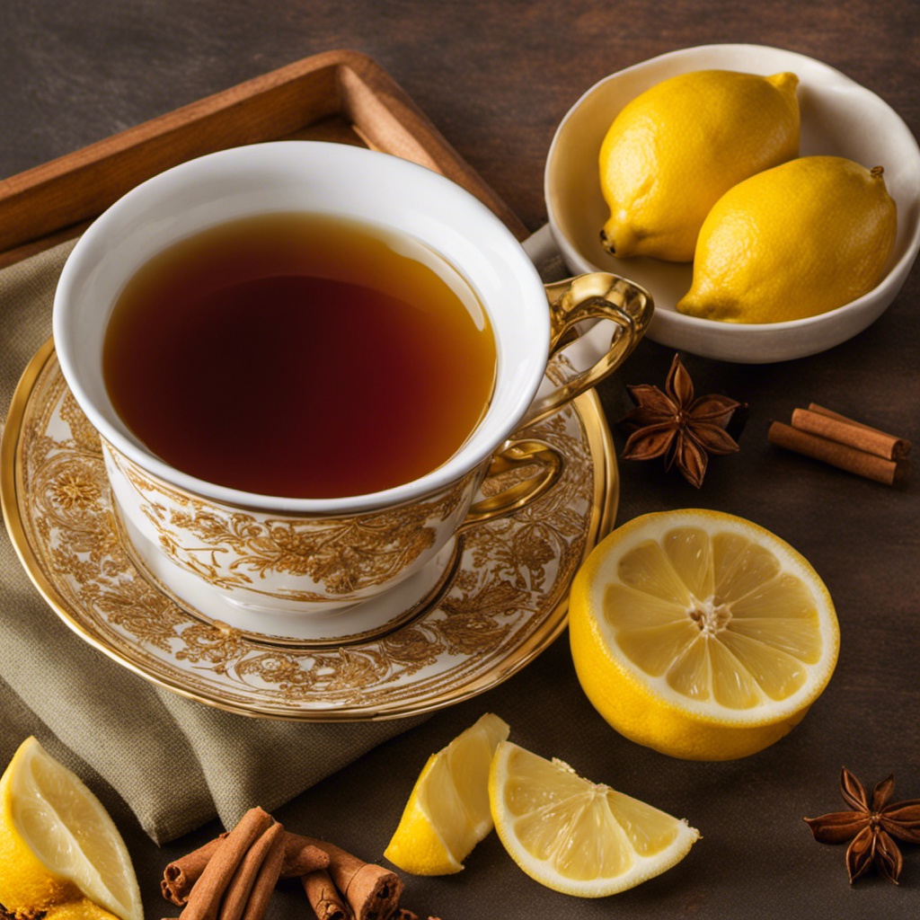 An image that captures the vibrant essence of Nourishing Traditions Turmeric Tea: a steaming mug filled with golden liquid, adorned with fresh lemon slices and a sprinkle of fragrant cinnamon
