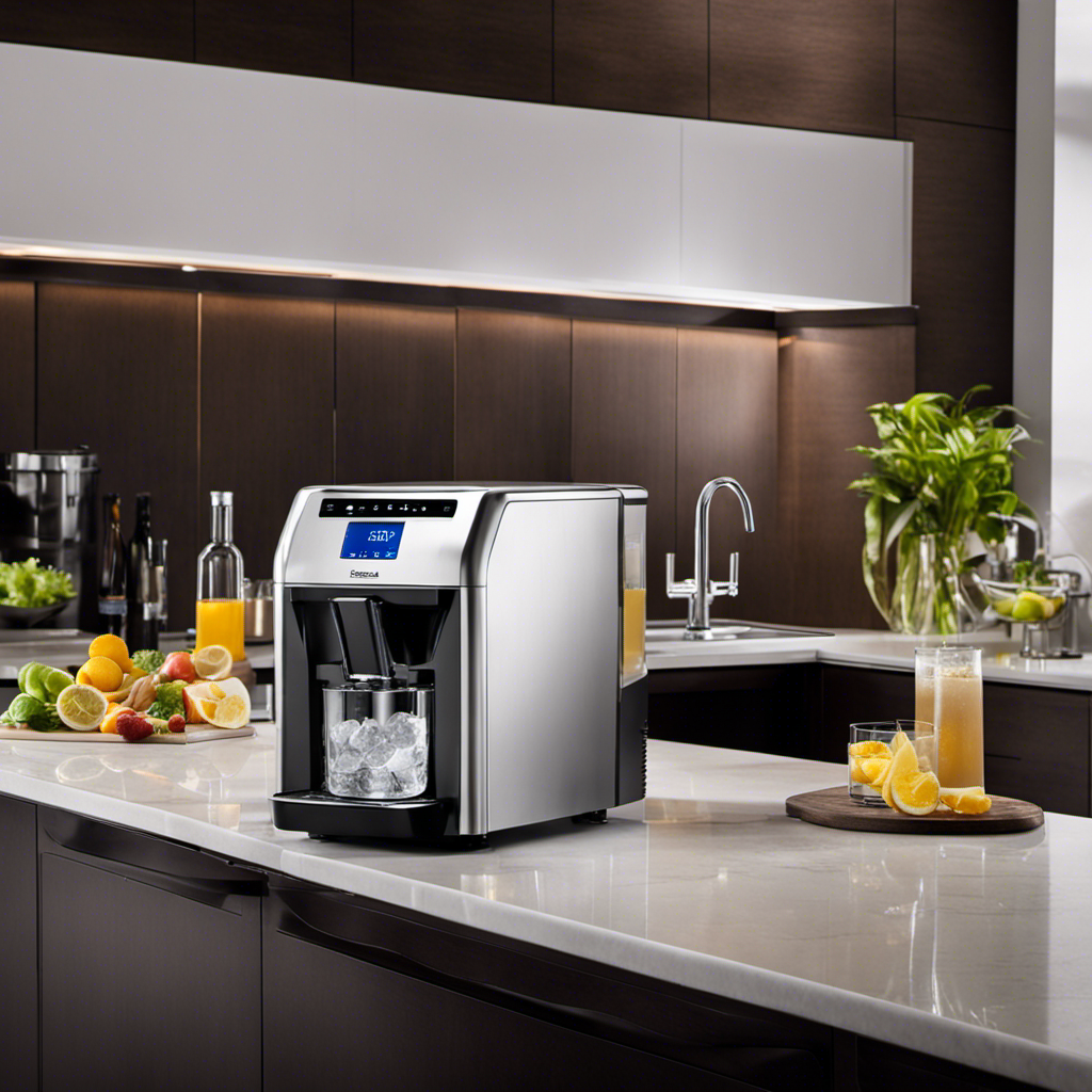 An image showcasing the sleek Nugget Countertop Ice Maker in action, with its stainless steel exterior gleaming under the soft kitchen lights, producing a cascade of perfectly chewable ice cubes into a glass