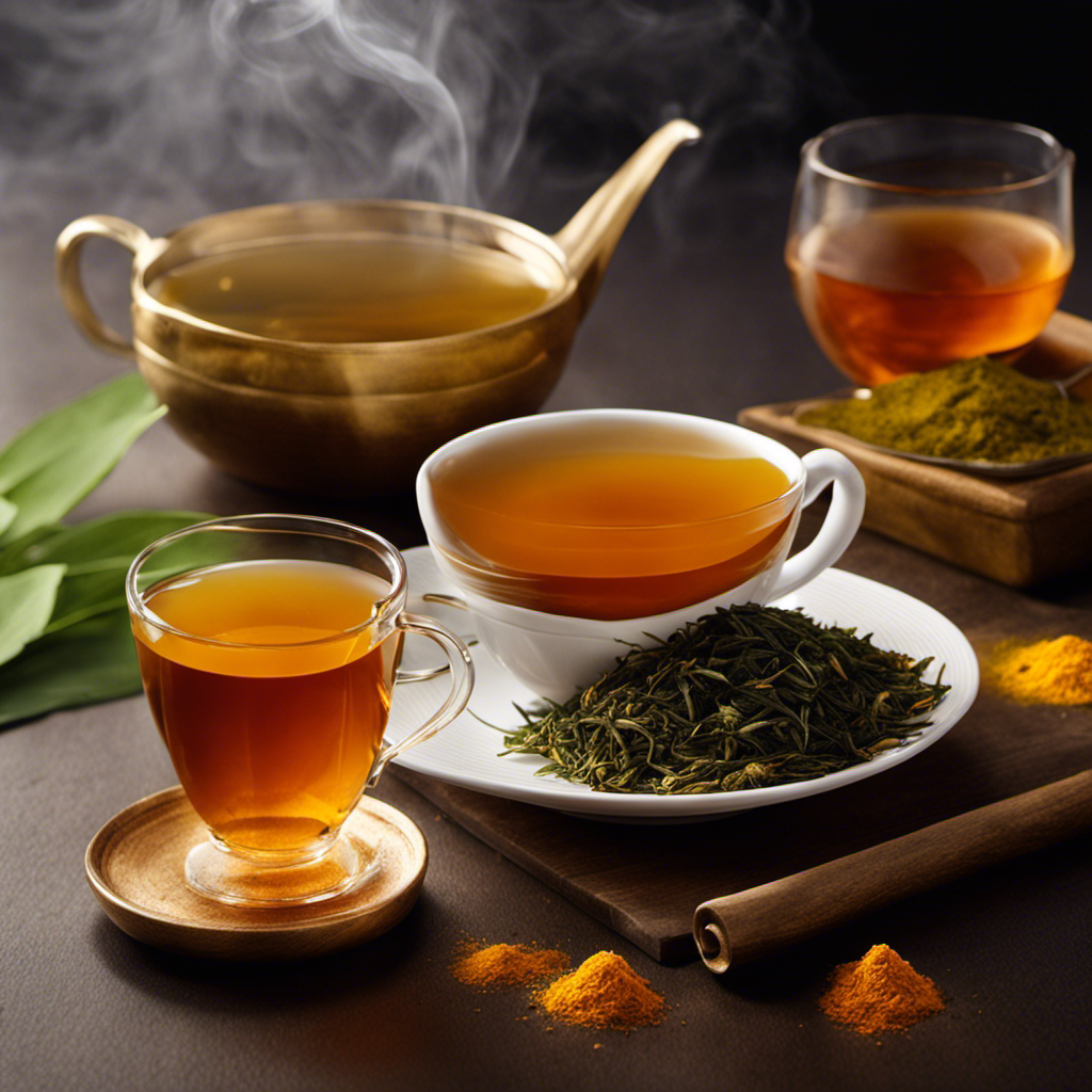An image showcasing a steaming cup of Numi Organic Tea's Turmeric Amber Sun, with vibrant golden hues and delicate wisps of steam rising against a backdrop of lush, green tea leaves