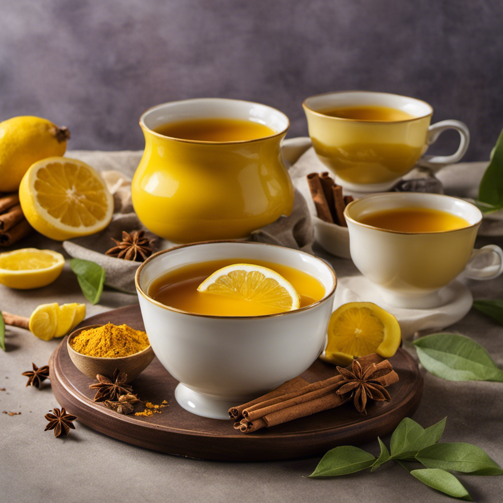 An image of a vibrant yellow tea cup filled with Numi Organic Turmeric Tea, surrounded by fresh turmeric roots, cinnamon sticks, and slices of lemon, highlighting the tea's rich flavor and nutritional benefits