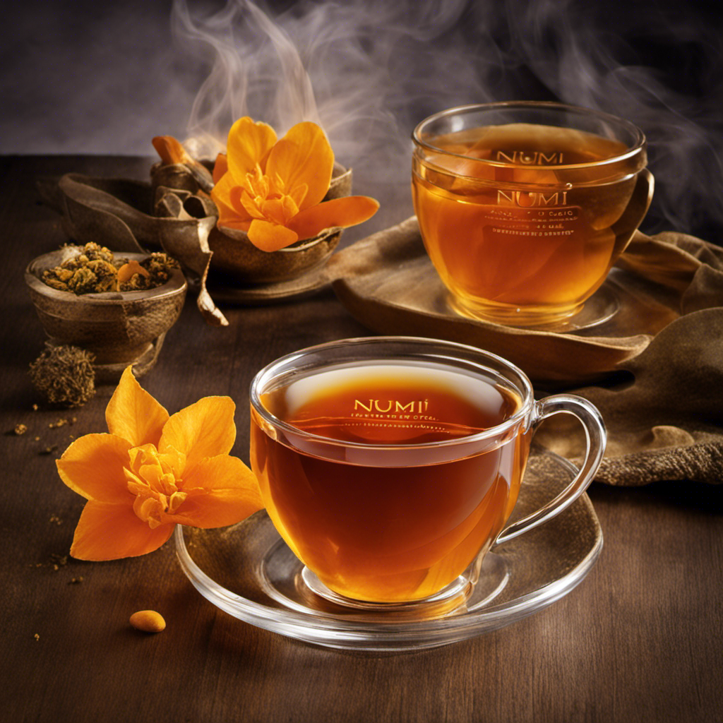 An image showcasing a vibrant cup of Numi Tea Turmeric, with golden hues radiating from the steaming brew