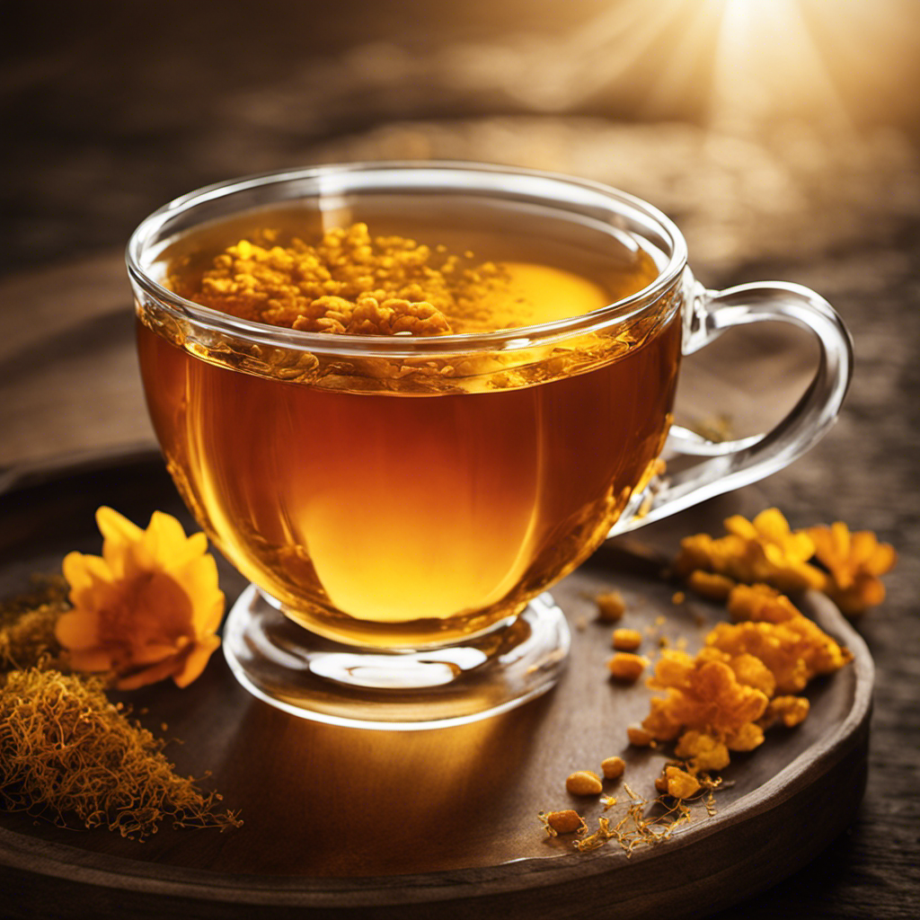 An image that captures the serene essence of a cup of Numi Turmeric Amber Sun Tea With Honey: golden-hued tea cascading into a clear glass teacup, with sunlight filtering through, illuminating the natural swirls and specks of turmeric