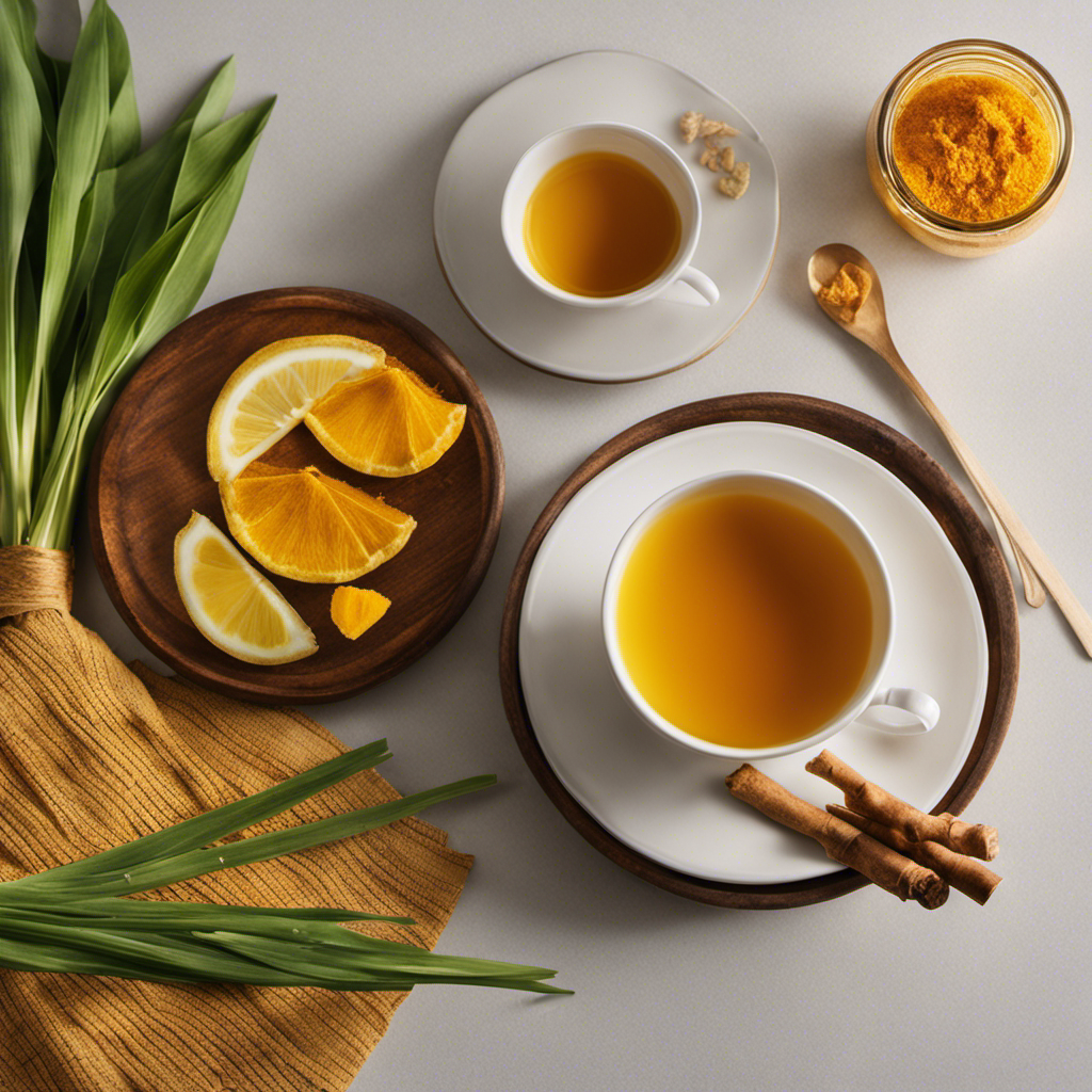 An image showcasing a vibrant cup of Numi Turmeric Tea, emitting a warm golden glow