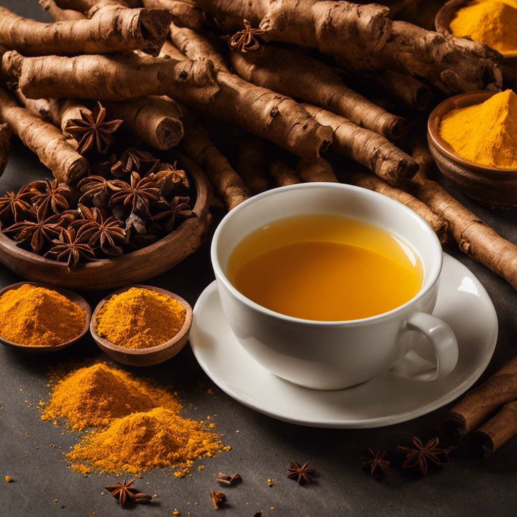 a close-up shot of a steaming cup of Numi Turmeric Tea, nestled against a backdrop of vibrant yellow turmeric roots and delicately scattered whole spices