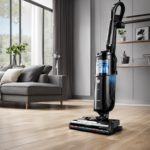 An image showcasing the OBODE A8+ vacuum and mop combo in action: a sleek, modern device effortlessly gliding across a hardwood floor, leaving behind sparkling cleanliness, while capturing dust particles and debris with its powerful suction