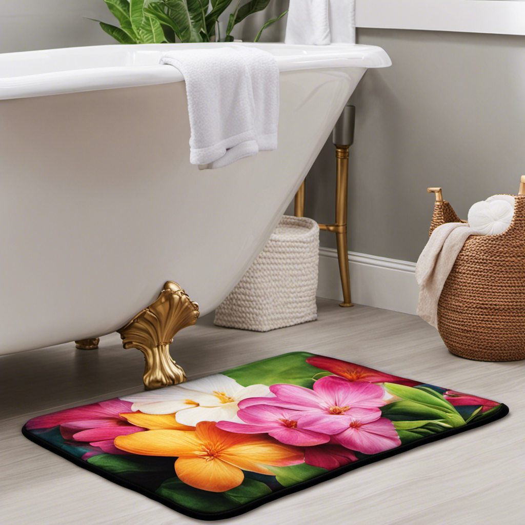 An image showcasing a cozy bathroom scene with a luxurious OLANLY Memory Foam Bath Mat Rug, highlighting its plush texture, vibrant colors, and non-slip backing, evoking a sense of comfort and relaxation