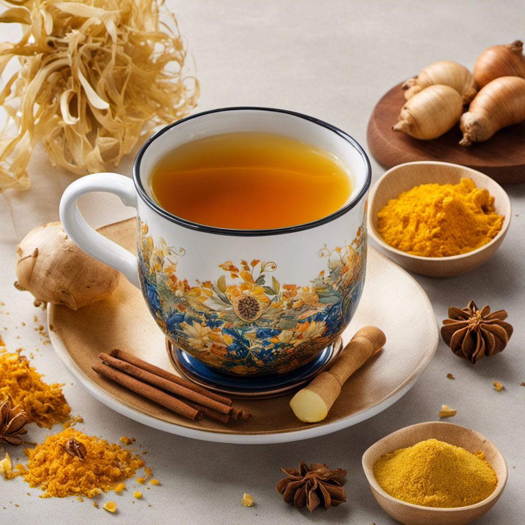 An image capturing a steaming mug of golden Onion Ginger Turmeric Honey Tea, with aromatic steam wafting upwards, showcasing the vibrant colors and textures of the ingredients, evoking warmth and comfort