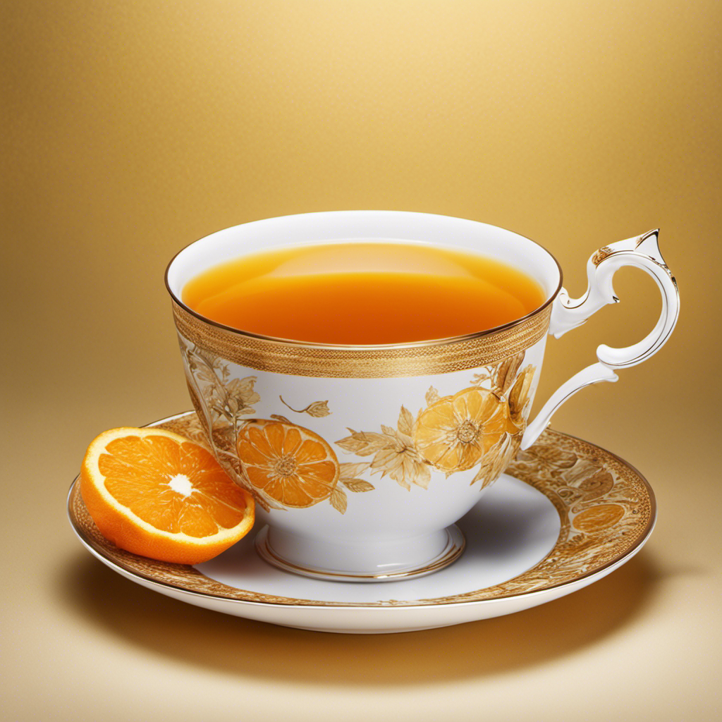 An image showcasing a vibrant teacup filled with steaming orange and turmeric tea