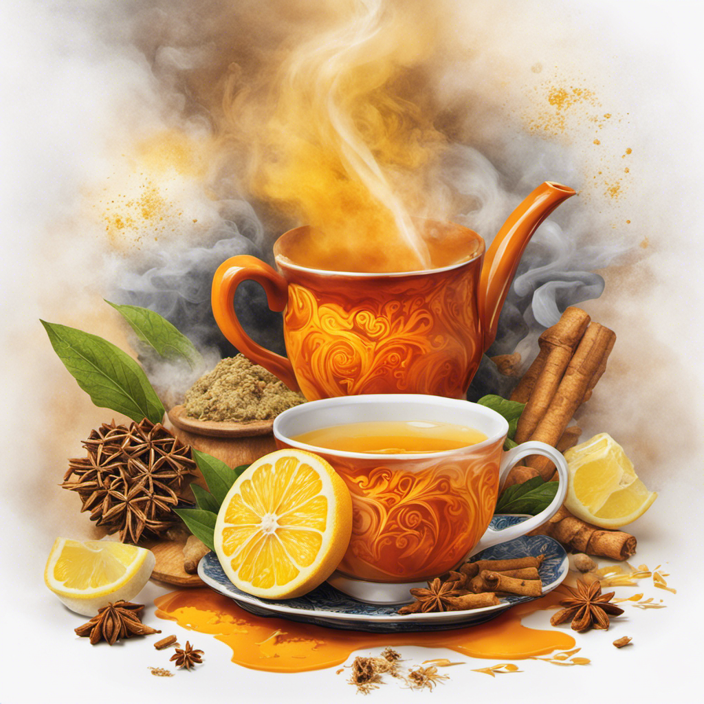 An inviting image of a steaming cup filled with vibrant orange lemon ginger turmeric tea