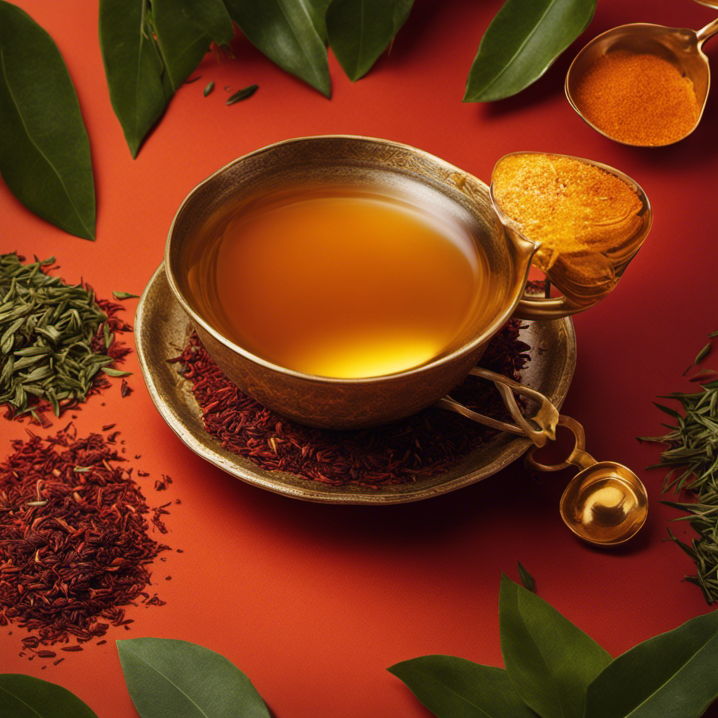 An image showcasing a steaming cup of Organic India Turmeric Rooibos Tea, with vibrant golden hues swirling in the aromatic steam, nestled amidst a backdrop of lush green tea leaves and vibrant red rooibos