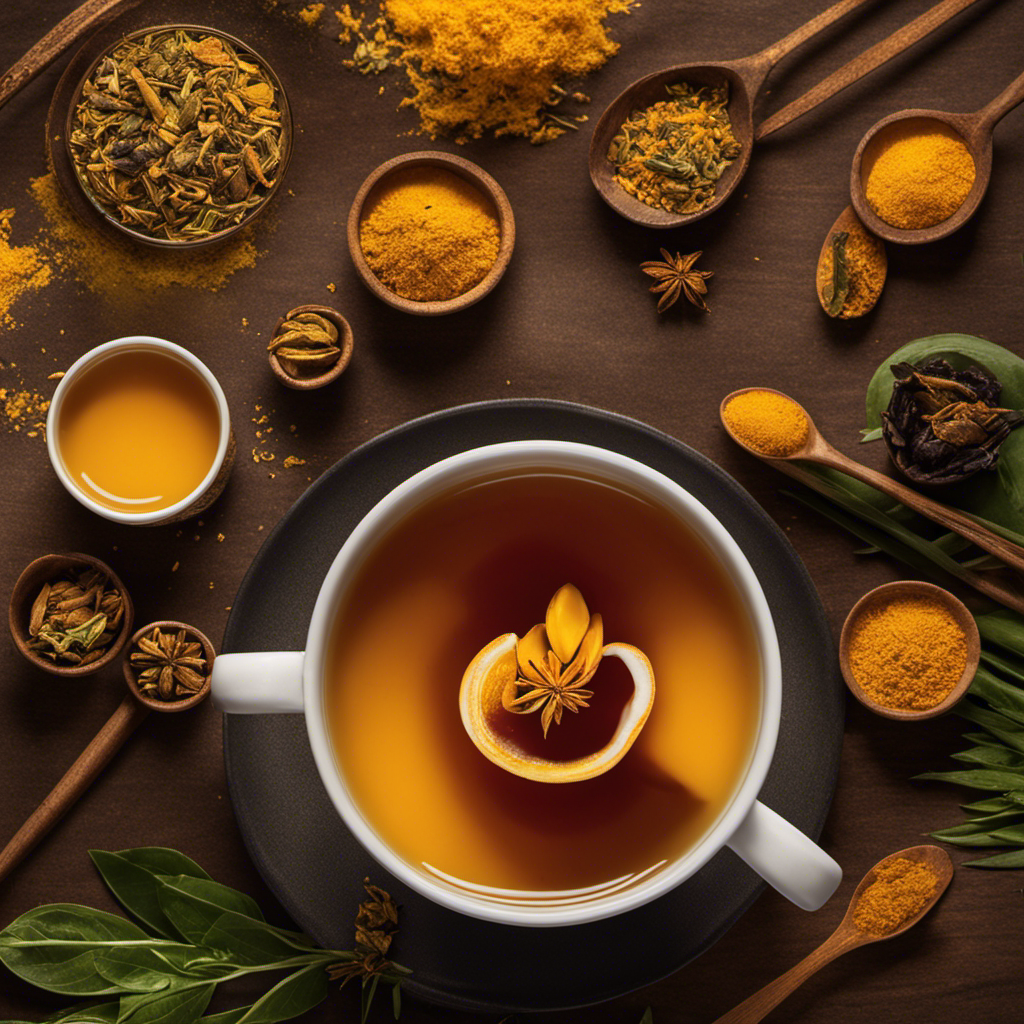 An image showcasing a steaming cup of Organic India Turmeric Tea, radiating vibrant hues of golden yellow