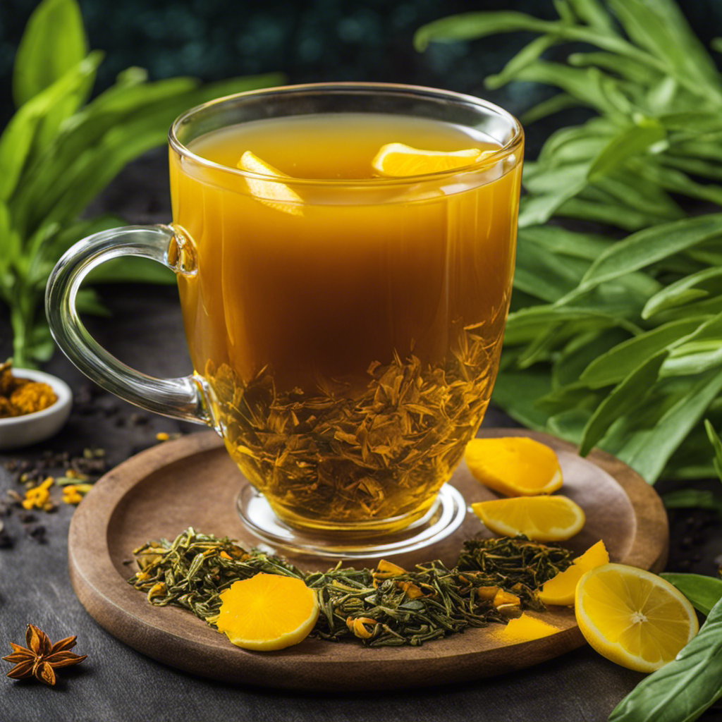 An image showcasing a steaming cup of vibrant golden Organic Turmeric Detox Tea, garnished with a fresh slice of lemon, surrounded by a lush backdrop of green tea leaves and scattered whole turmeric roots