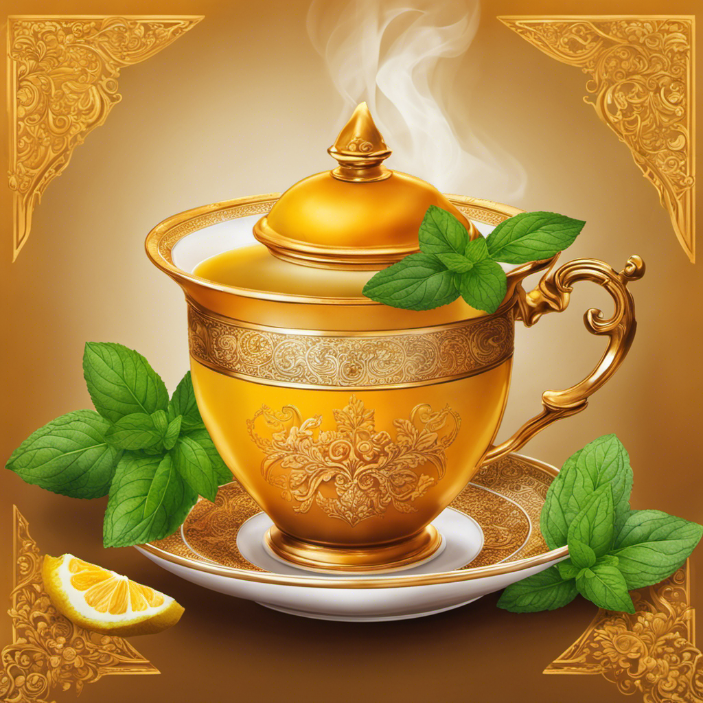 An image of a steaming cup of vibrant golden turmeric tea, delicately swirling with aromatic spices, a sprig of fresh mint gently resting on the rim, evoking a sense of warmth, comfort, and wholesome goodness