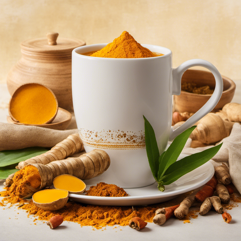 An image showcasing a steaming, golden turmeric tea mug, surrounded by vibrant, freshly-picked organic turmeric roots, radiating their warm, earthy hues, evoking feelings of wellness, rejuvenation, and the numerous health benefits of this ancient spice