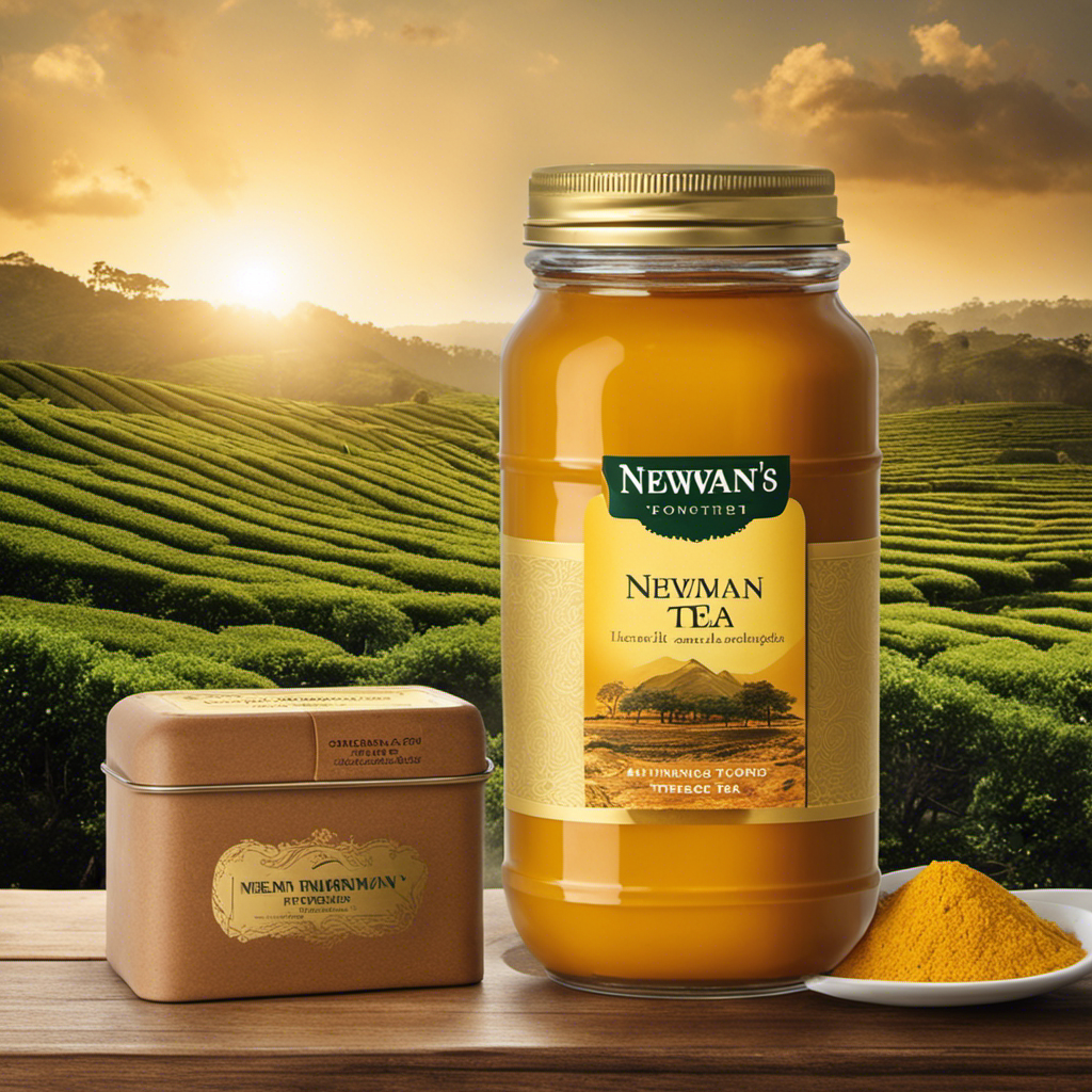 An image showcasing a serene, sun-kissed tea plantation bathed in warm golden hues, with neatly arranged tins of Newman's Own organic Turmeric Tea, enticingly displayed on rustic wooden shelves