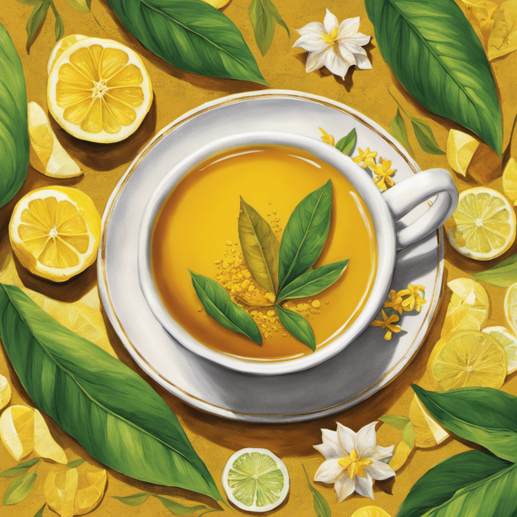 An image capturing the warm golden hues of a steaming cup of Organic Turmeric Tea Newman's, surrounded by vibrant green tea leaves and fresh slices of lemon