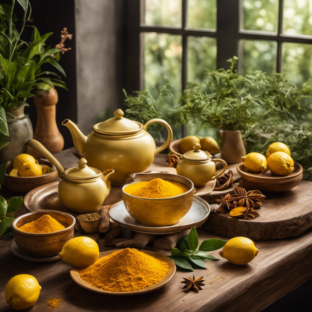 An image of a serene, sunlit kitchen counter adorned with a steaming cup of vibrant golden turmeric tea, surrounded by a lush botanical backdrop of fresh turmeric roots, lemons, and fragrant spices