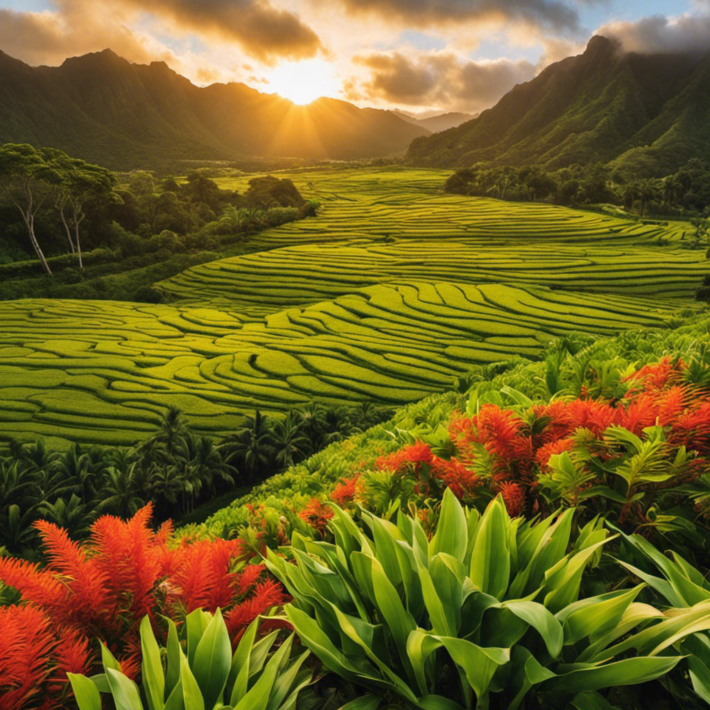 An image capturing the vibrant sunrise over Waimanalo's lush fields, where organic turmeric plants sway gently in the breeze